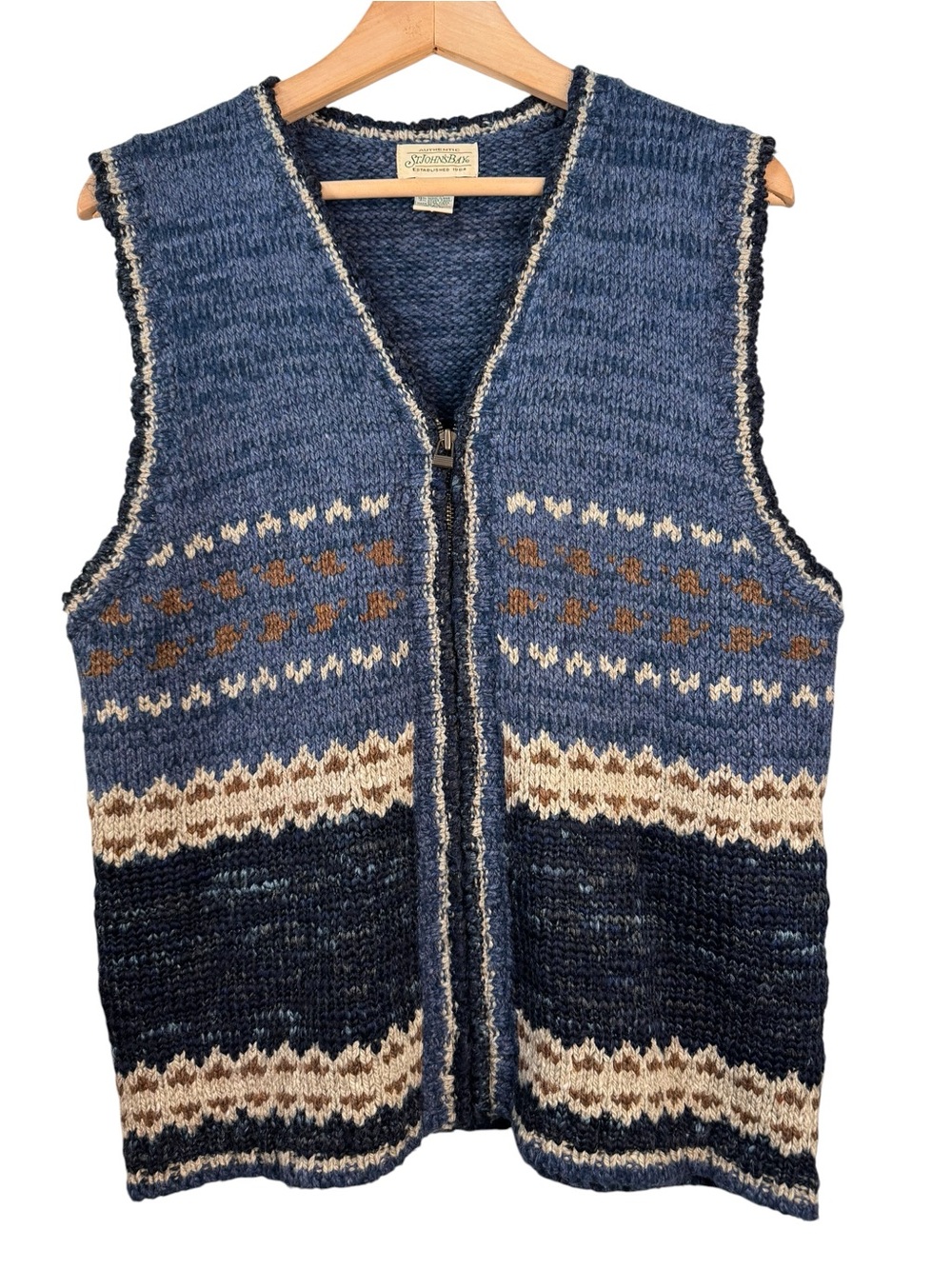 VTG St Johns Bay Fair Isle Sweater Vest Size Large Zip Up Blue Wool Blend Nordic